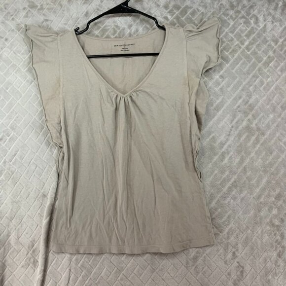 New York & Company Tops - New York & Company Womans Small T Shirt Beige Ruffle Short Sleeve Fitted V Neck